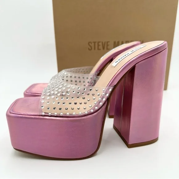 Steve Madden Ruby Embellished Heeled Platform Sandals Iridescent Pink - Picture 5 of 14